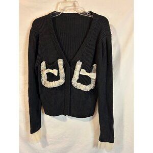 Womens Black Cardigan Sweater Cream Chiffon trim Pockets Bows I-east Large